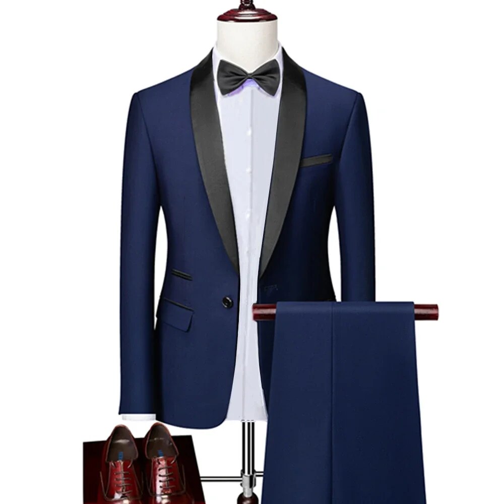 Men Lapel Black Collar 2 Pcs Suit Set Coat Trousers Business Groomsmen Groom Wedding Dress Fprmal Blazer Pants Waistcoat Ms182