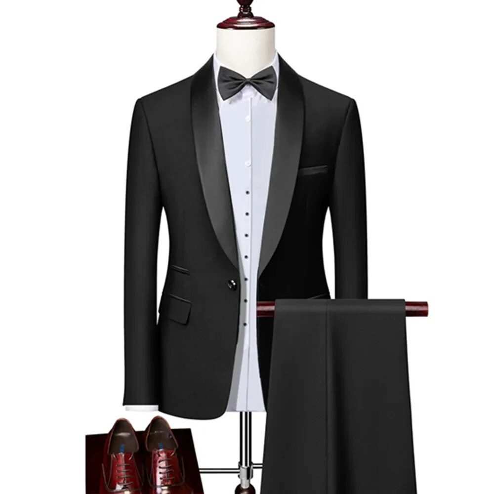Men Lapel Black Collar 2 Pcs Suit Set Coat Trousers Business Groomsmen Groom Wedding Dress Fprmal Blazer Pants Waistcoat Ms183