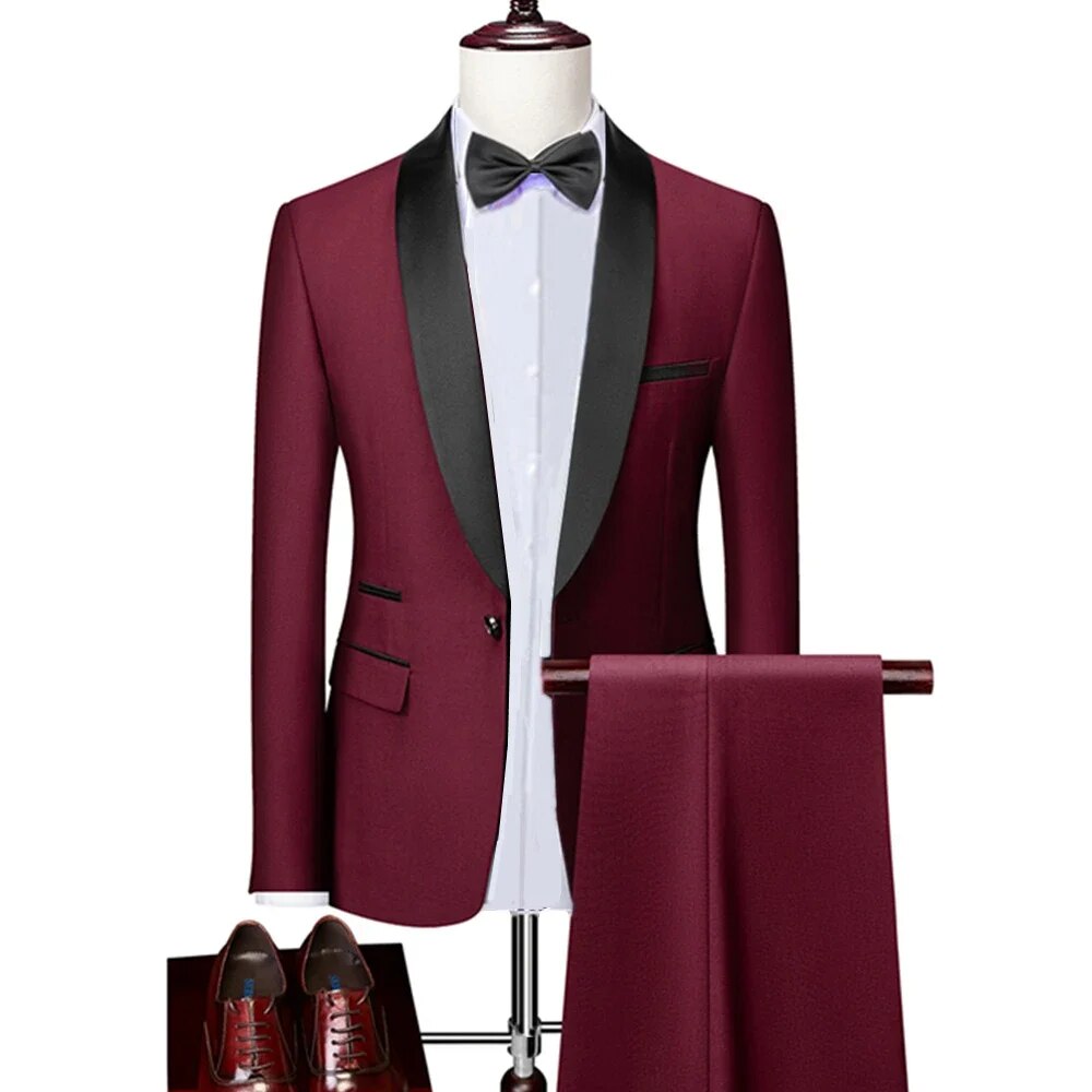Men Lapel Black Collar 2 Pcs Suit Set Coat Trousers Business Groomsmen Groom Wedding Dress Fprmal Blazer Pants Waistcoat Ms184