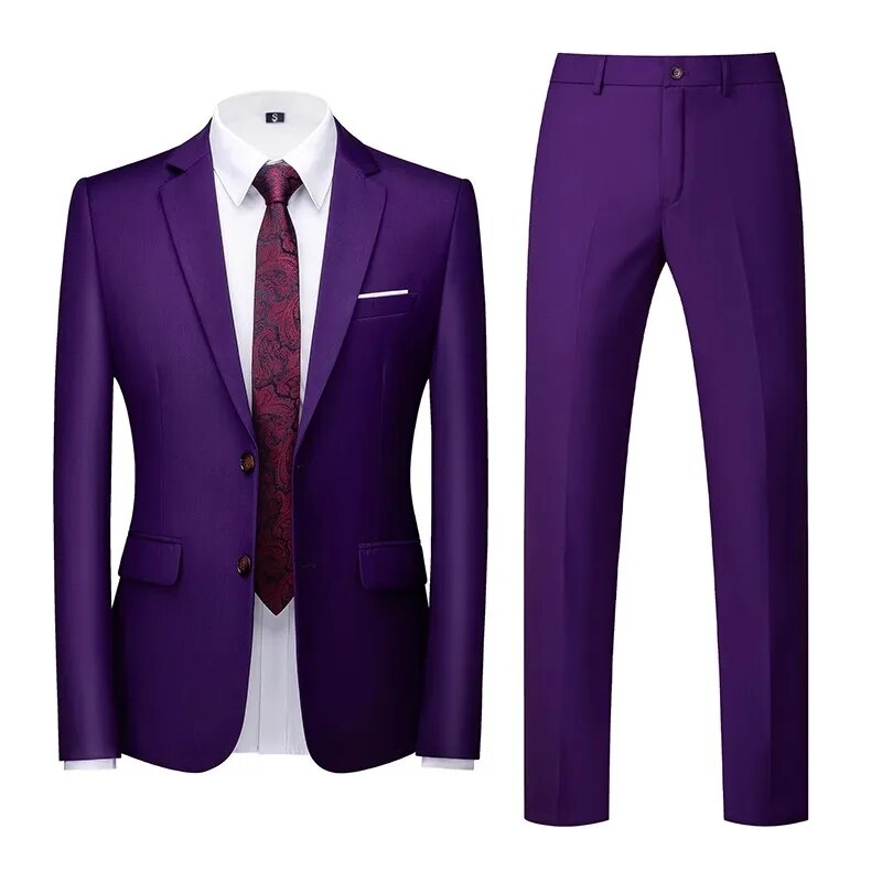Men's Business Casual Solid Color Suits Male Blazers 2 Pcs Jacker Coat Trousers Pants Ms198