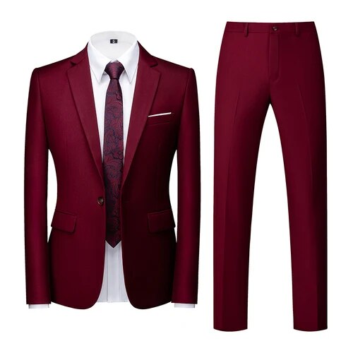 Men's Business Casual Solid Color Suits Male Blazers 2 Pcs Jacker Coat Trousers Pants Ms200