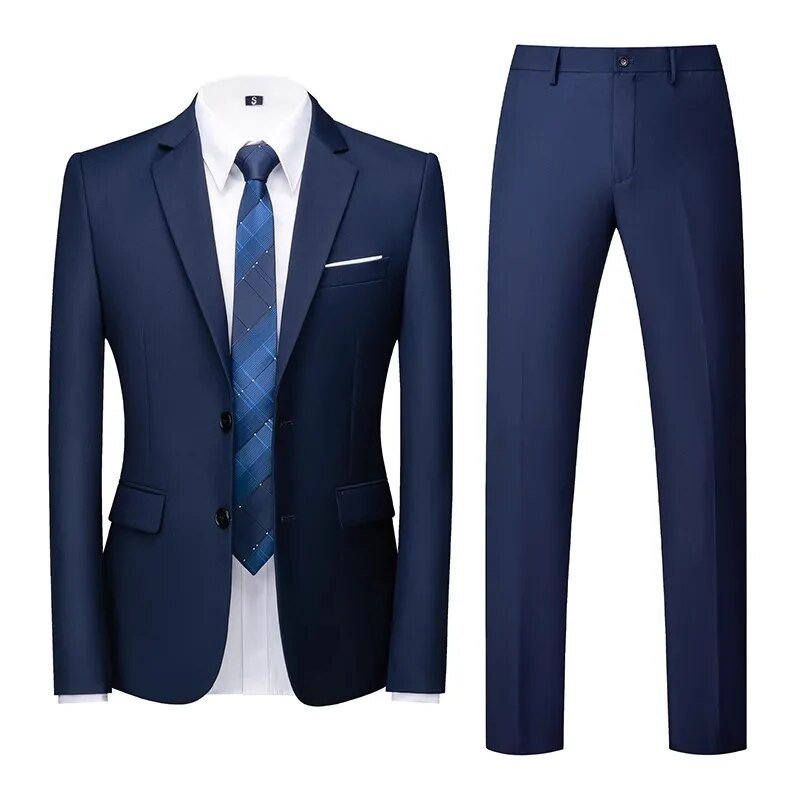 Men's Business Casual Solid Color Suits Male Blazers 2 Pcs Jacker Coat Trousers Pants Ms201