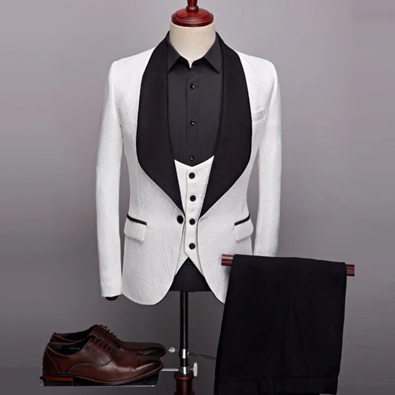 3 Pcs Set Suit Jacket Vest Pants Men Casual Boutique Wedding Dark Pattern Big Black Collar Blazers Coat Trousers Waistcoat Ms203
