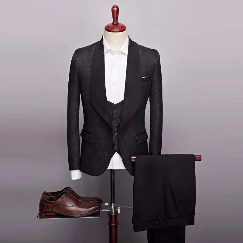 3 Pcs Set Suit Jacket Vest Pants Men Casual Boutique Wedding Dark Pattern Big Black Collar Blazers Coat Trousers Waistcoat Ms204