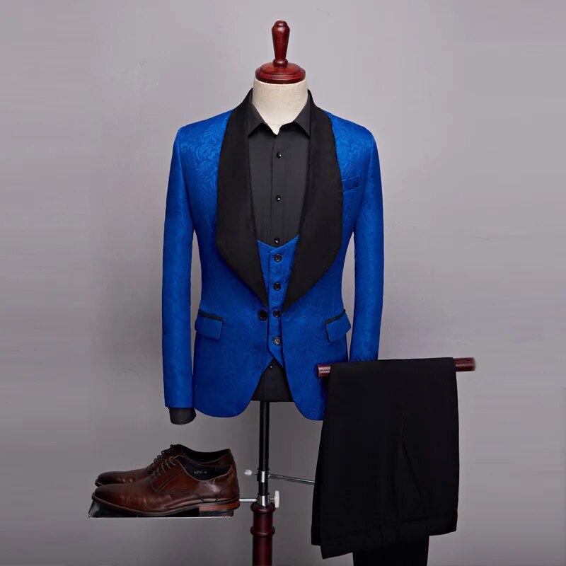 3 Pcs Set Suit Jacket Vest Pants Men Casual Boutique Wedding Dark Pattern Big Black Collar Blazers Coat Trousers Waistcoat Ms205