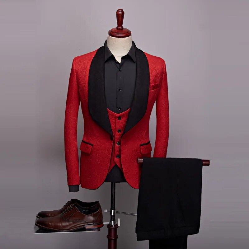 3 Pcs Set Suit Jacket Vest Pants Men Casual Boutique Wedding Dark Pattern Big Black Collar Blazers Coat Trousers Waistcoat Ms206