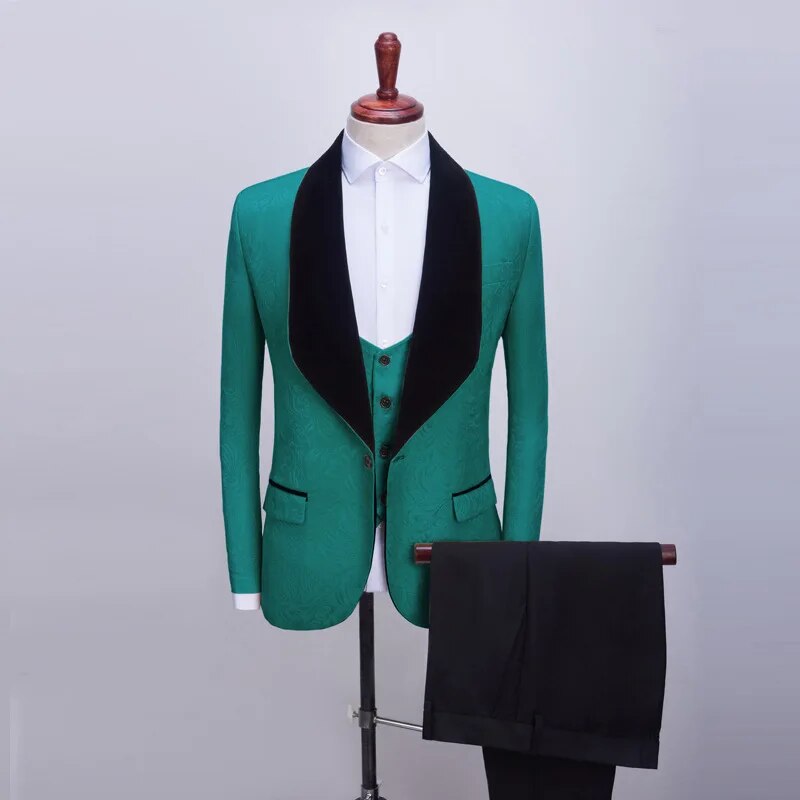 3 Pcs Set Suit Jacket Vest Pants Men Casual Boutique Wedding Dark Pattern Big Black Collar Blazers Coat Trousers Waistcoat Ms210