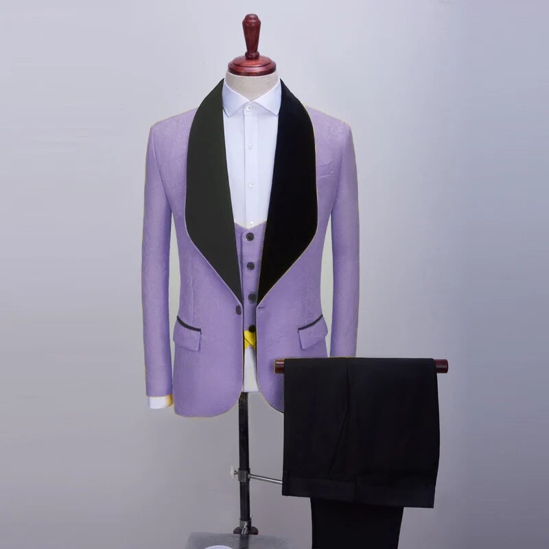 3 Pcs Set Suit Jacket Vest Pants Men Casual Boutique Wedding Dark Pattern Big Black Collar Blazers Coat Trousers Waistcoat Ms211
