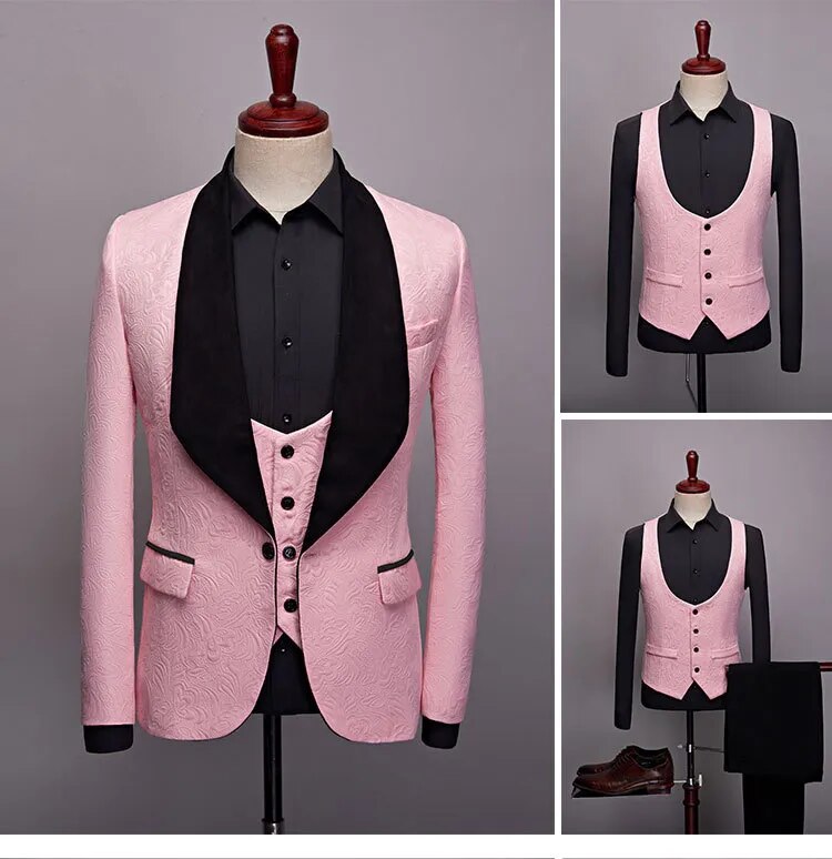 3 Pcs Set Suit Jacket Vest Pants Men Casual Boutique Wedding Dark Pattern Big Black Collar Blazers Coat Trousers Waistcoat Ms212