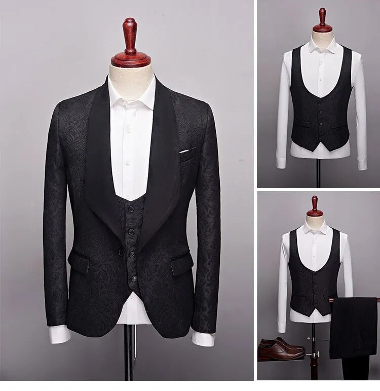 3 Pcs Set Suit Jacket Vest Pants Men Casual Boutique Wedding Dark Pattern Big Black Collar Blazers Coat Trousers Waistcoat Ms213