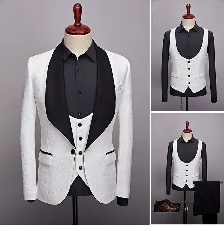 3 Pcs Set Suit Jacket Vest Pants Men Casual Boutique Wedding Dark Pattern Big Black Collar Blazers Coat Trousers Waistcoat Ms214
