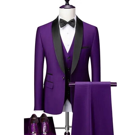 Men Lapel Black Collar 3 Pcs Suit Set Coat Vest Trousers Business Groomsmen Groom Wedding Dress Fprmal Blazer Pants Waistcoat Ms226