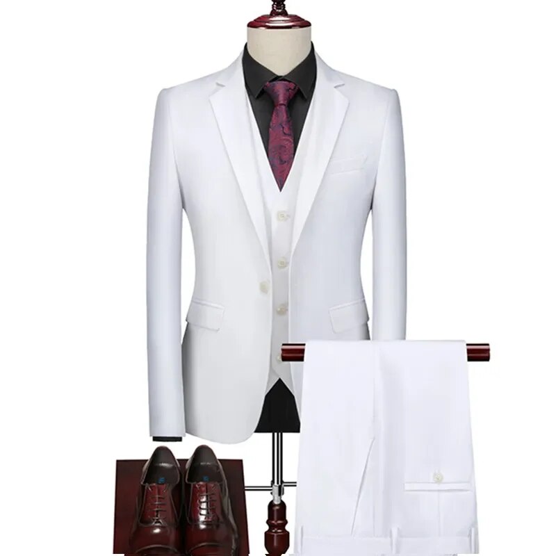 Men's Casual Solid Color 3 Pieces Suits Male One Button Blazers Jacker Coat Trousers Pants Vest Waistcoat Ms261