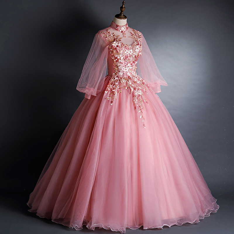 Pink Long Sleeve Ball Gown Prom Dress Formal Dress Evening Party Dress Sa1782
