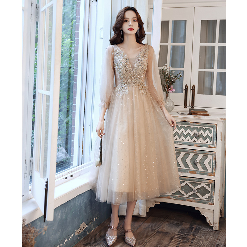 Champagne Prom Dress 3/4 Sleeve Formal Dress Sa1809