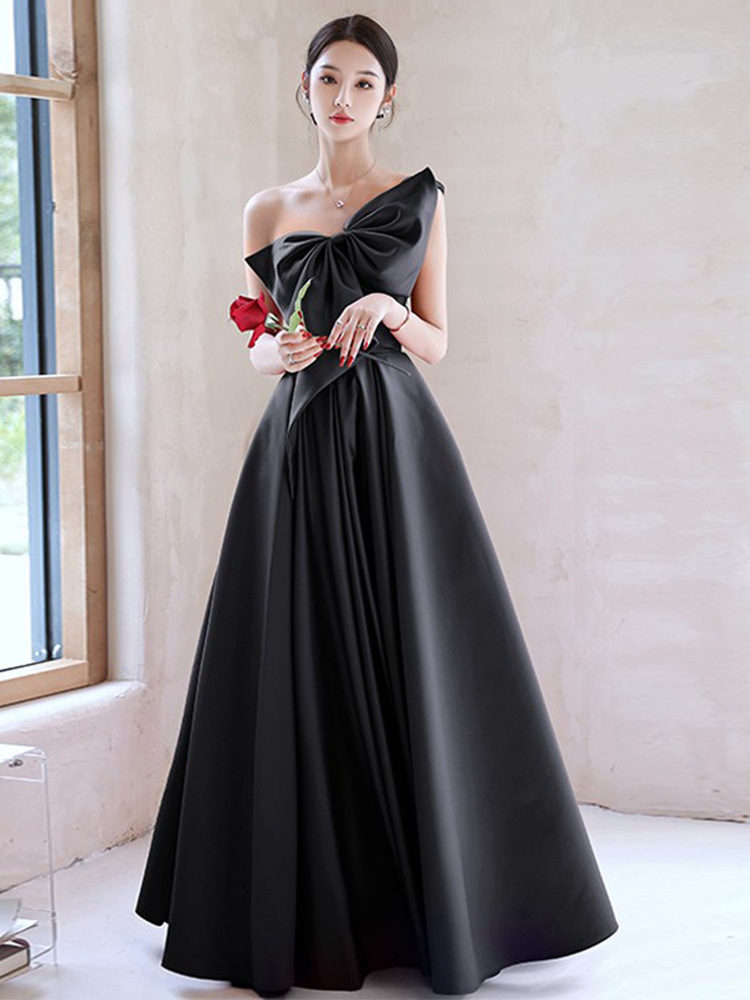 Evening Dress Satin One Shoulder Prom Dress Bow Black Adult Ceremony Birthday Party Formal Dress Sa1819