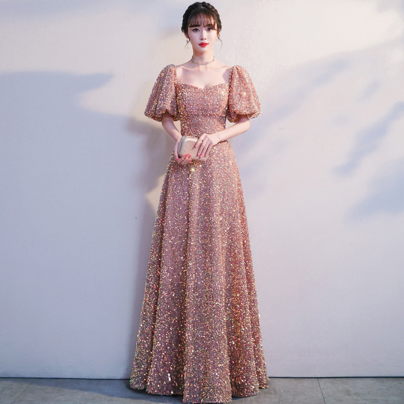 green emerald velvet dress Champagne Beaded Tulle Puffed Sleeve Prom Dress 20885 – vigocouture main image 1