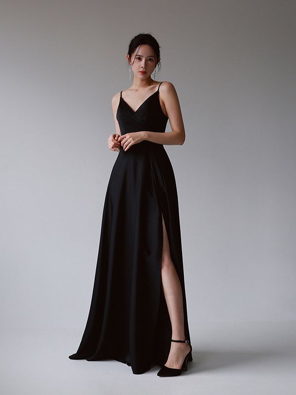 Black Light Wedding Dress Suspender Satin Slit Evening Dress For Women Formal Dress Hand Made Sa1841