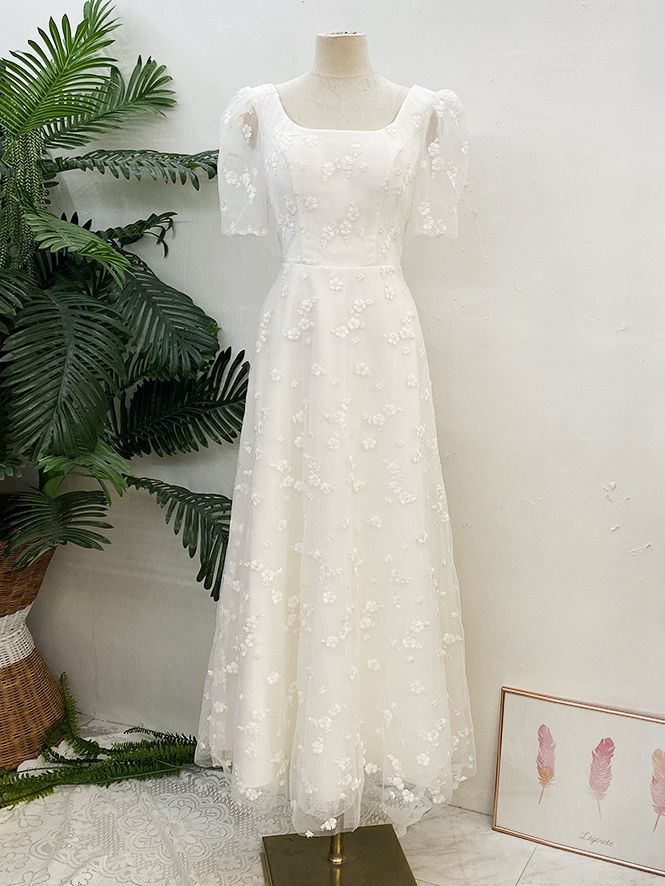 Evening Dress White Lace Short Sleeve Square Neck Small Dress Light Wedding Dress Formal Dress Sa1842