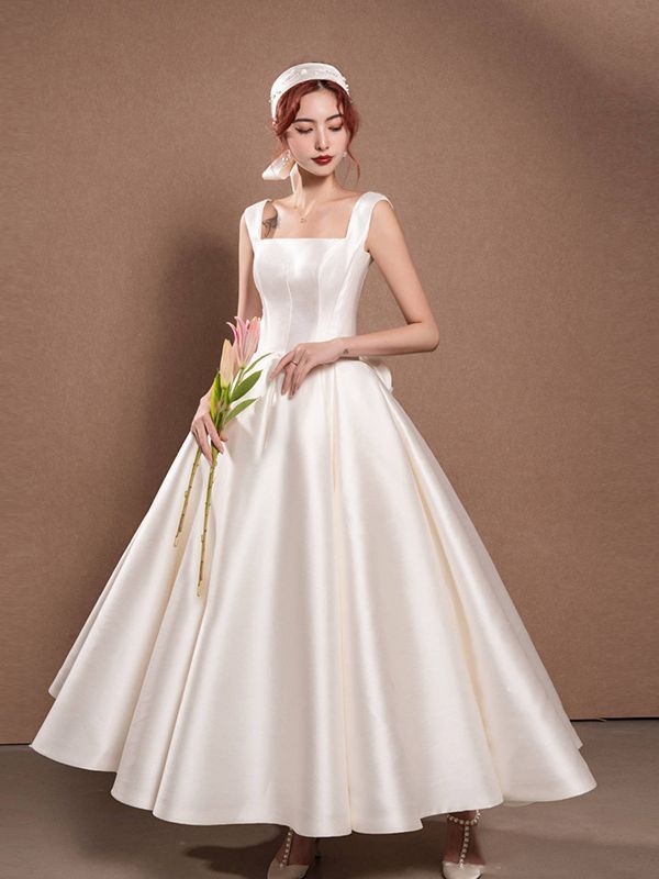 Light Wedding Dress Satin Bow Square Neck Banquet Evening Dress Princess Dress White Formal Dress Sa1842