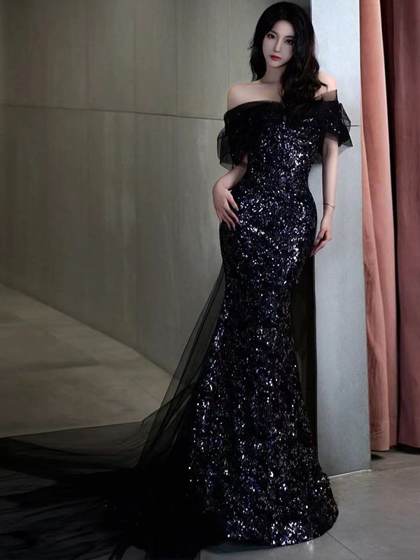 Stunning Black Sequin Gown With Sheer Overlay on Luulla