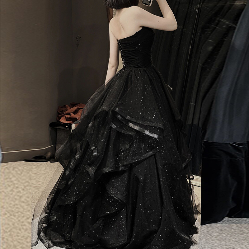 Vintage Ball Gown Strapless Black Satin Beaded Long Prom Dress, Party Dress, Evening Dress GG2877