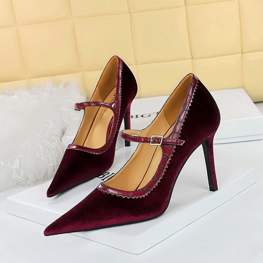 High Heels, Stilettos, Shallow Pointed Toes, Thickened Suede Flat-strap Women's Shoes H510