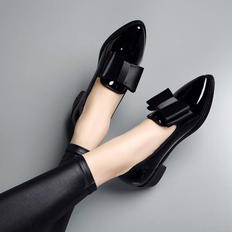 Women's Single Shoes With Bow, Pointed Toe, Pu Bow, Shallow Mouth, Low Heel, Slip-on, Solid Color H511