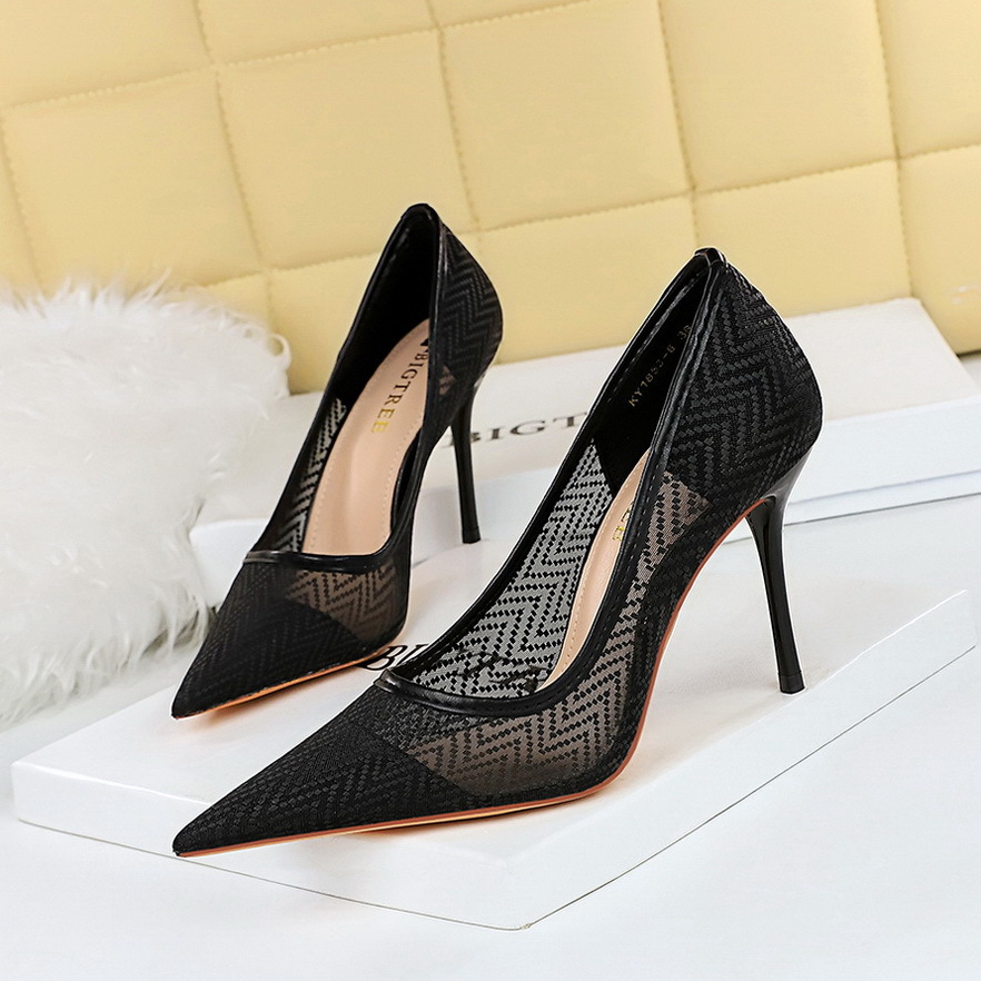 High Heels Women's Shoes Stiletto Heel Shallow Mouth Pointed Toe Sexy Mesh Hollow Lace Shoes H518