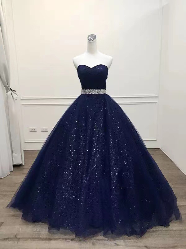 Sparkling Navy Strapless Ball Gown With Belt