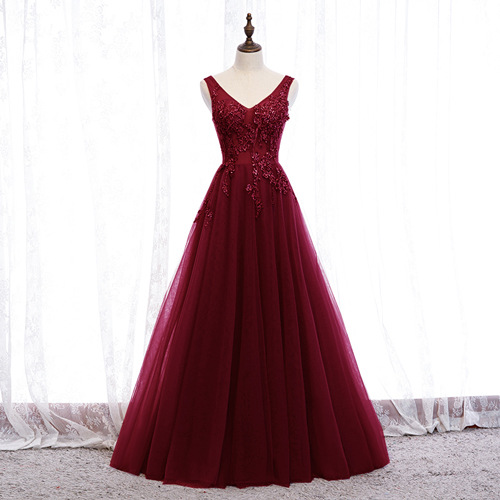 V Neck Full Length Prom Dress Lace Applique Evening Dress Sa1899