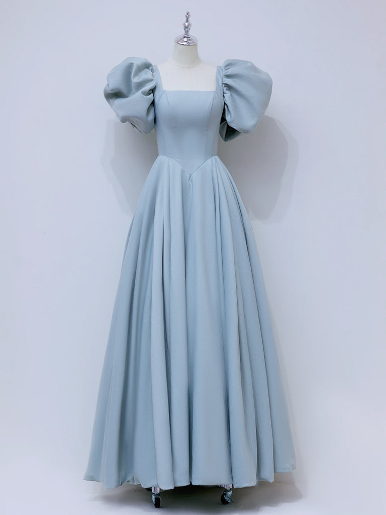 A-line Square Neckline Puff Sleeves Long Blue Prom Dress, Blue Long Formal Dress Sa1903