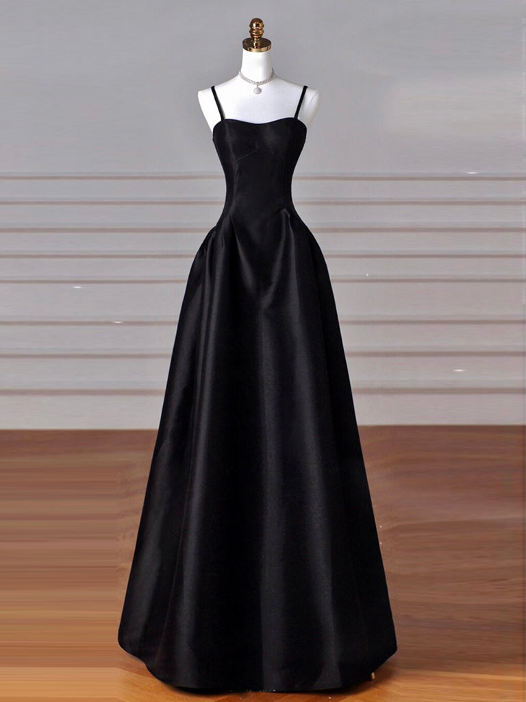 A-line Sweetheart Neck Satin Black Long Prom Dress, Black Long Formal Dress Sa1904