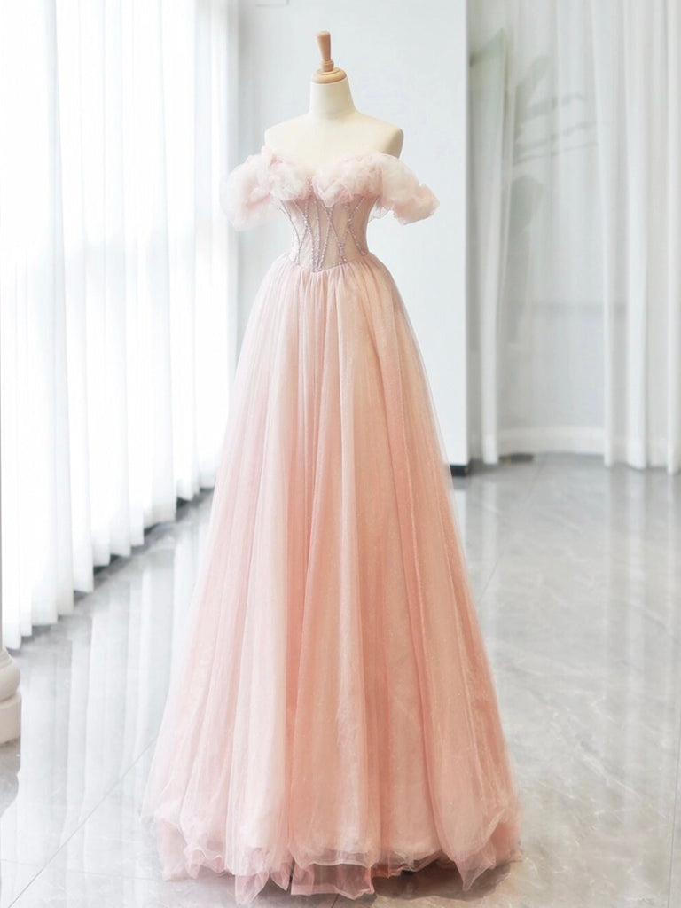 Off Shoulder Tulle Beads Pink Long Prom Dress Formal Dress Sa1911