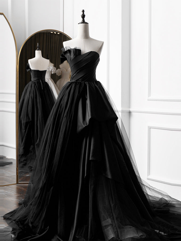 black sorority formal dress Wedtrend Women Black Satin Bridesmaid Dress with Bow Mermaid Spaghetti  Straps Long Ruffle Wedding Guest Dress – WEDTREND main image 0