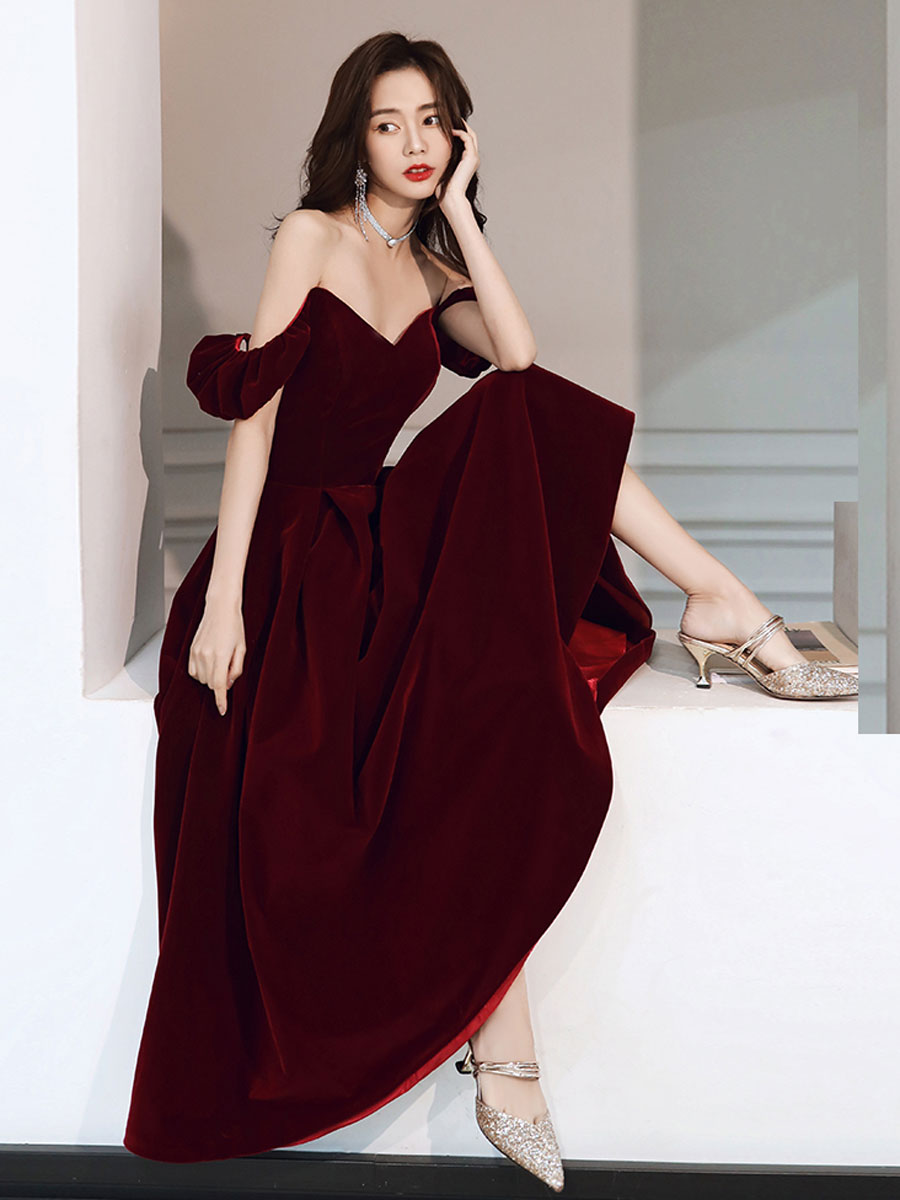 off shoulder burgundy long dress Burgundy Off the Shoulder Half-Sleeve A-line Tulle Long Pom Dresses, MP429