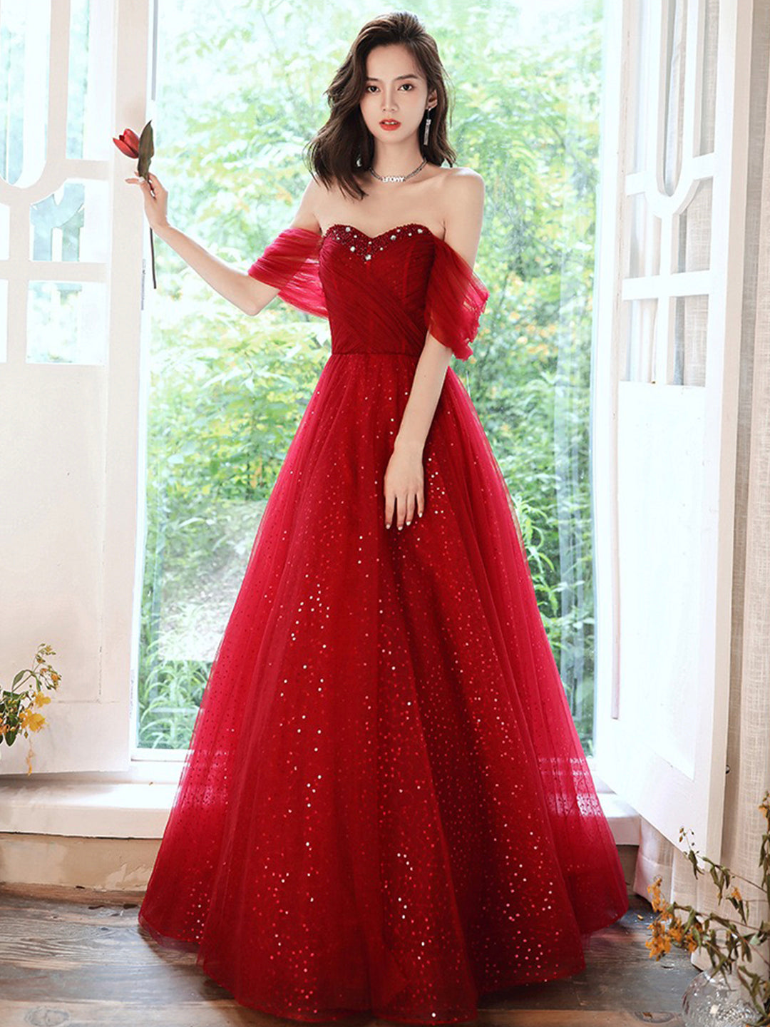 Off Shoulder Tulle Red Long Prom Dress Long Evening Dress Sa1921