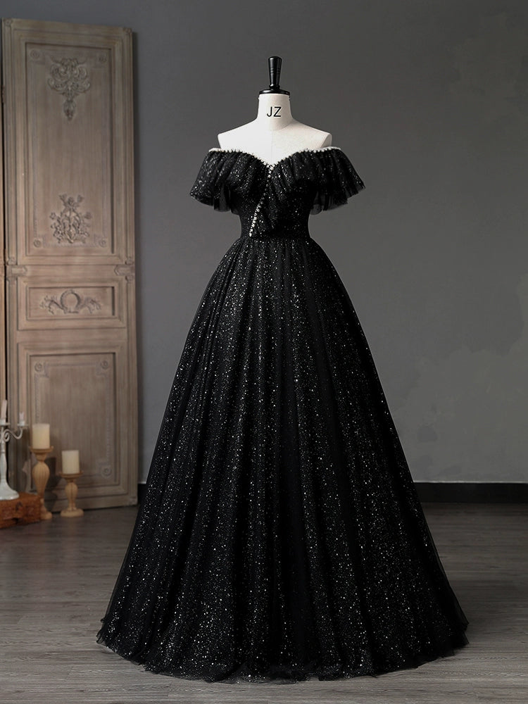 Sweetheart Neck Tulle Sequin Black Long Prom Dress Formal Dress Sa1922