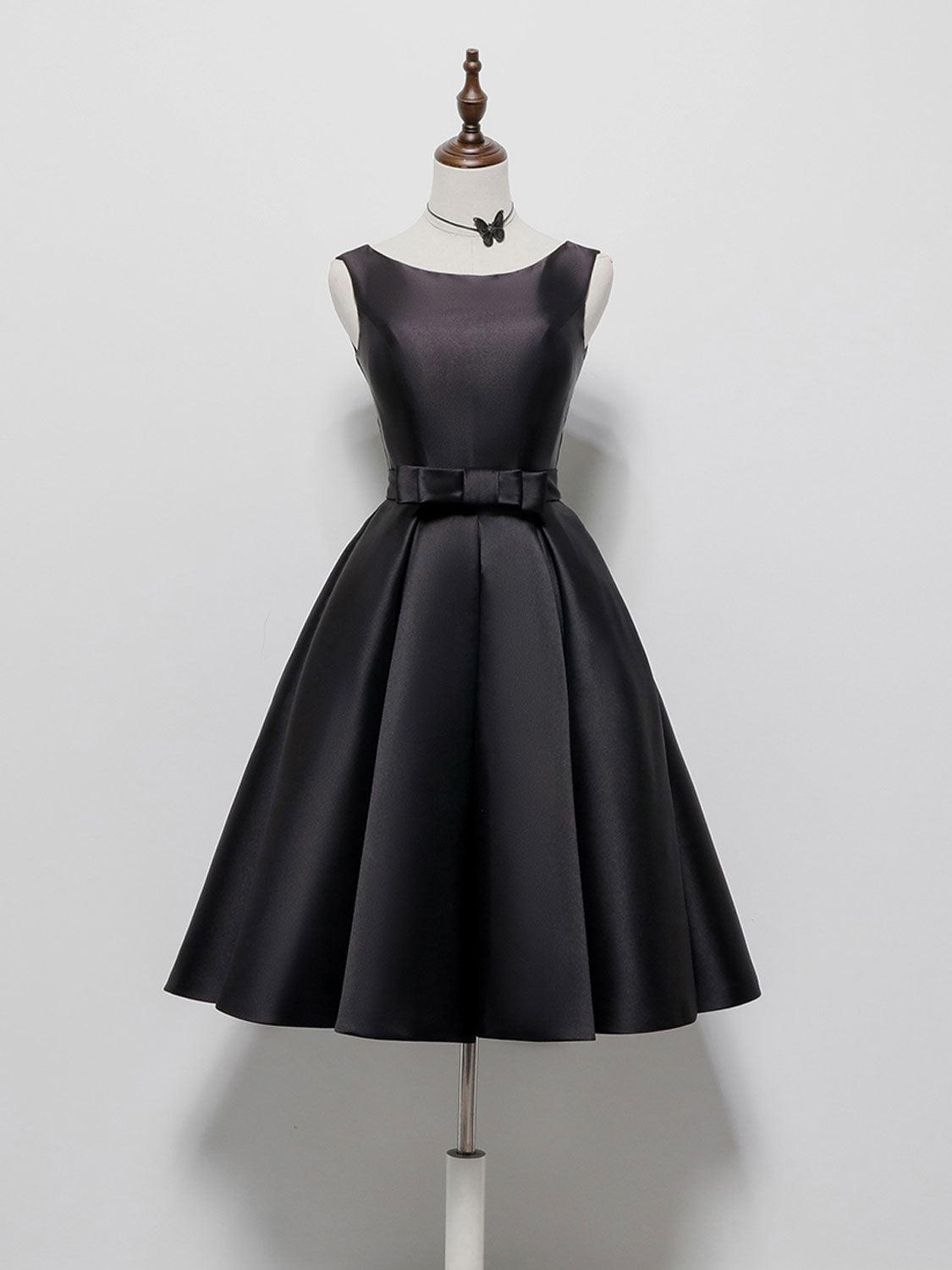 Classic Black Satin A-line Dress With Bow on Luulla