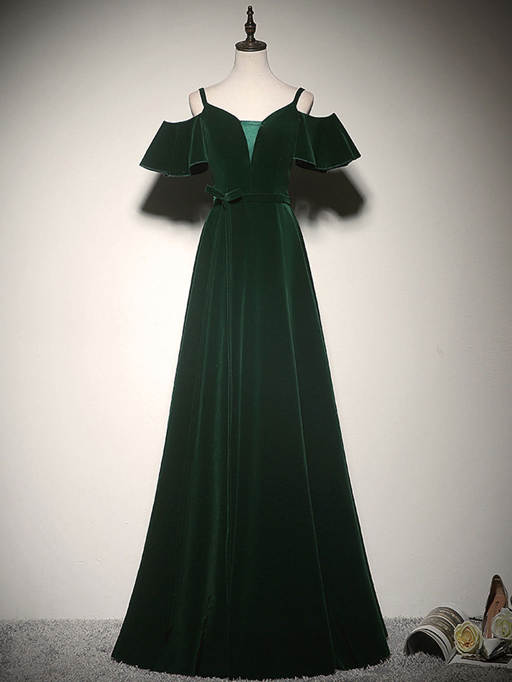 Green A-line Velvet Long Prom Dresses Formal Evening Dress Sa1944