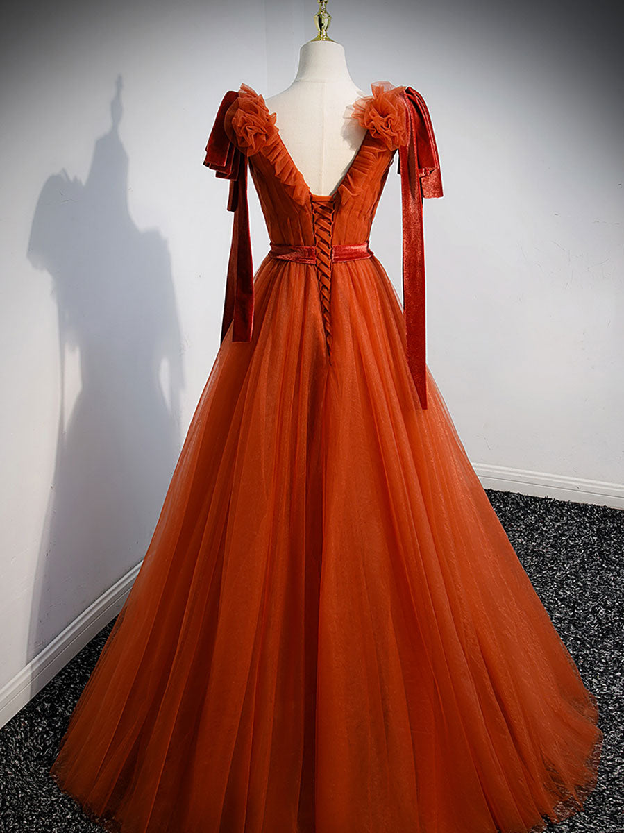 Elegant Orange Tulle Evening Gown With Ribbons