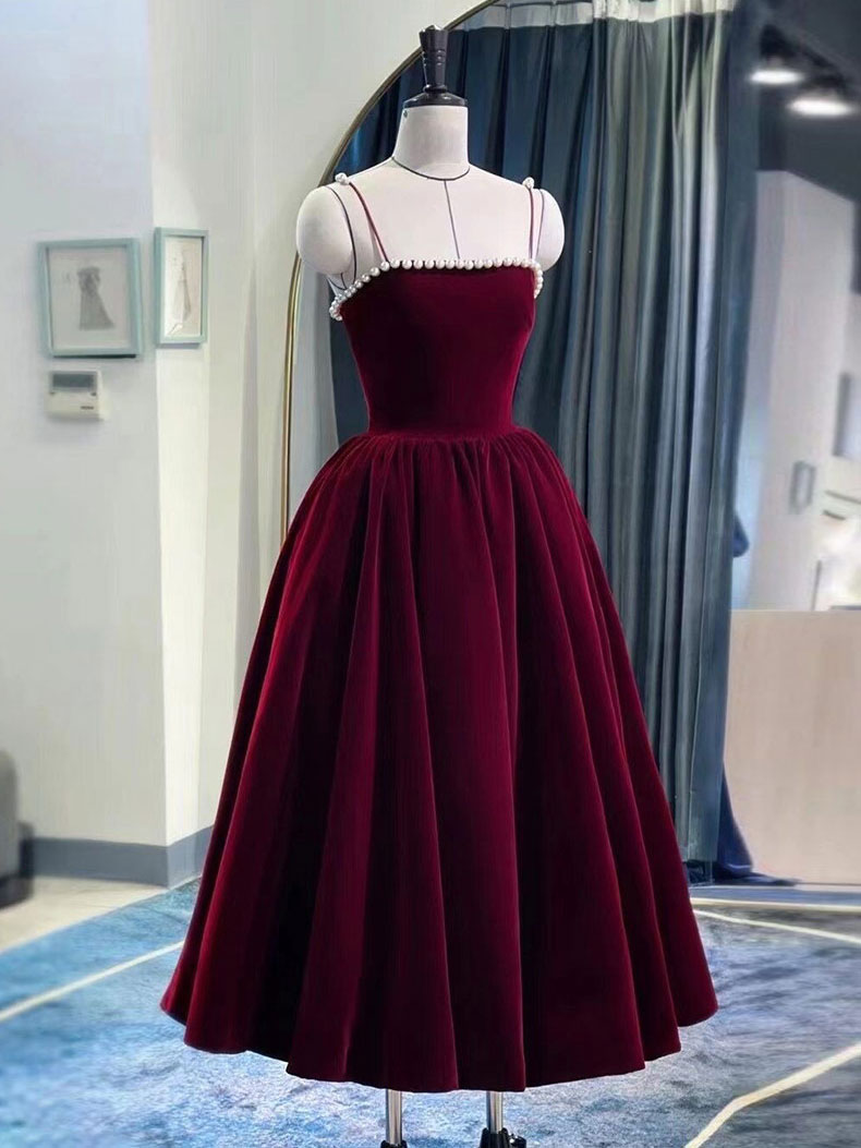 Burgundy Velvet Tea Length Prom Dress Formal Evening Dress Sa1965