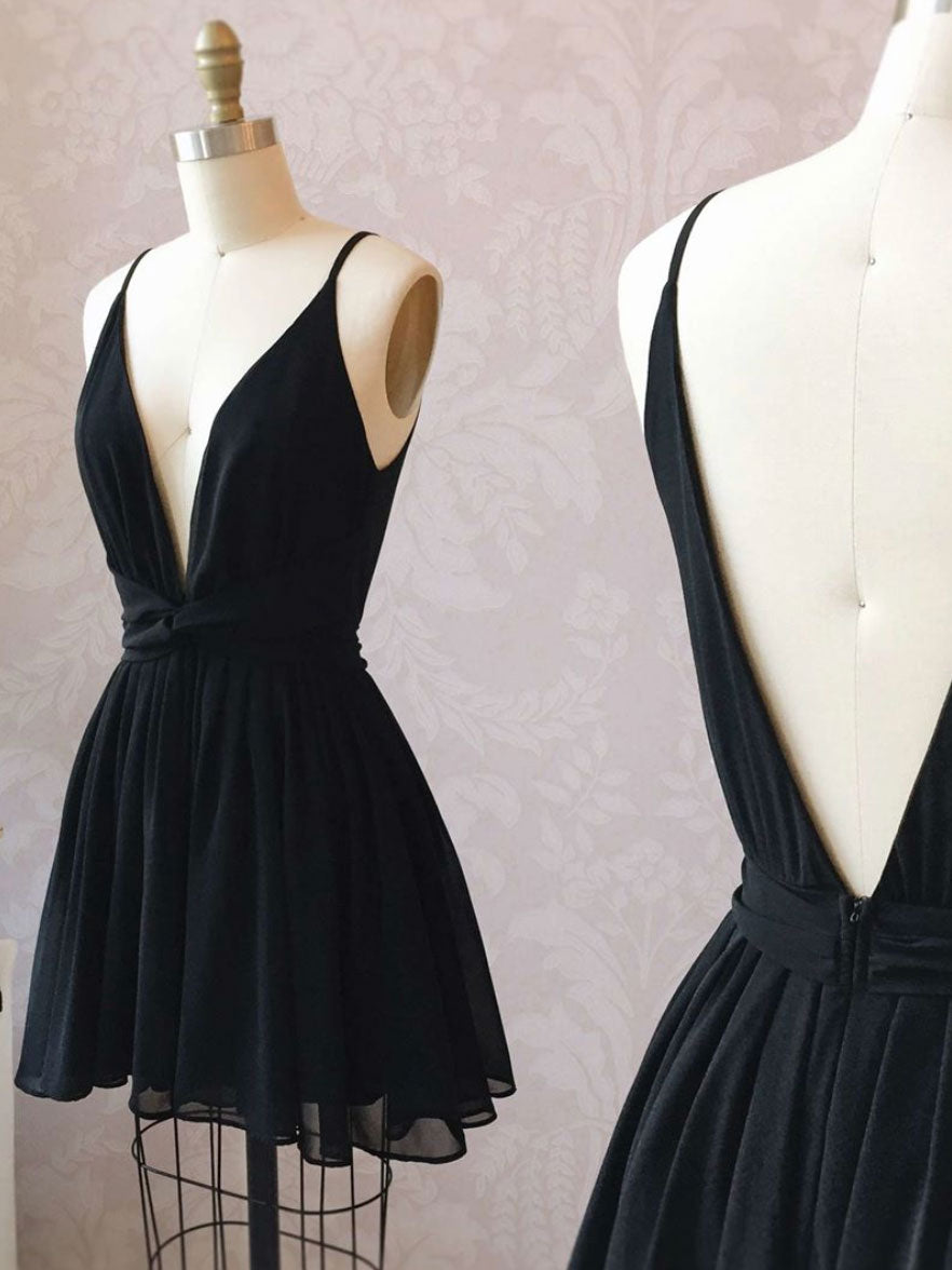 Simple V Neck Chiffon Short Prom Dress Formal Black Homecoming Dress Sa1975