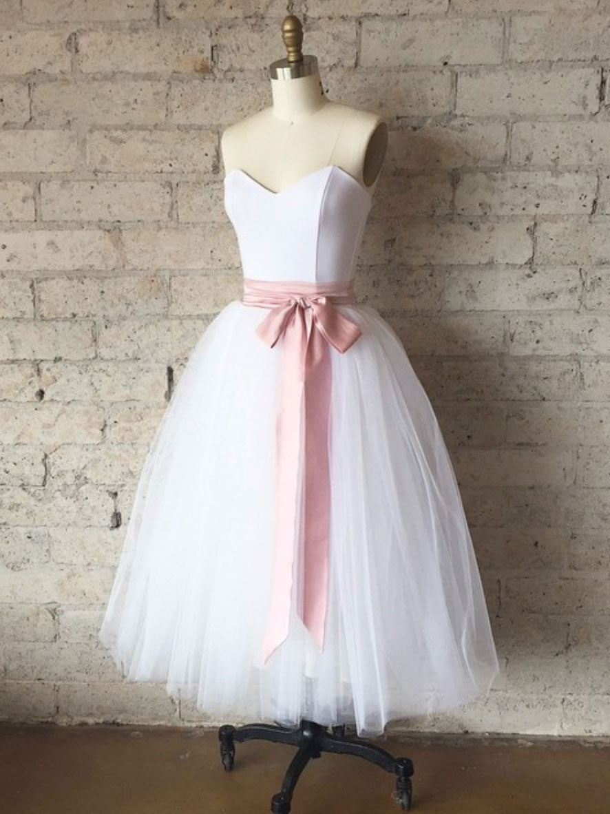 White Tulle Short Prom Dress With Pink Sash Formal Bridesmaid Dress Sa1977