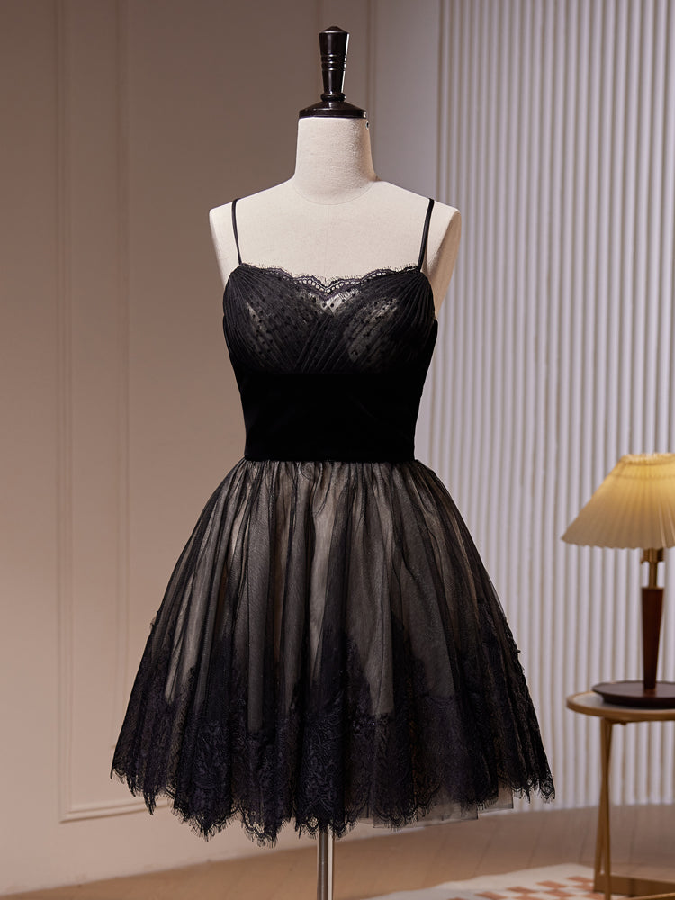 A-line Lace Tulle Black Short Prom Dress Formal Homecoming Dress Sa1979