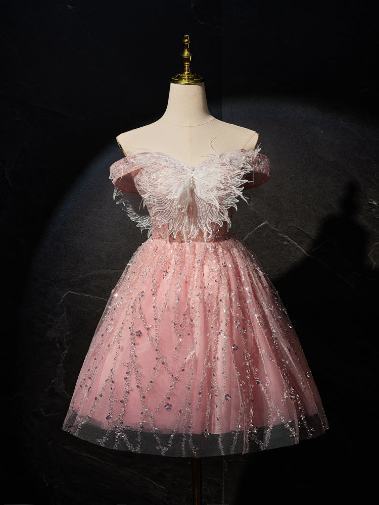 Pink A-line Tulle Lace Short Prom Dress,formal Dress Pink Cocktail Dress Sa1986
