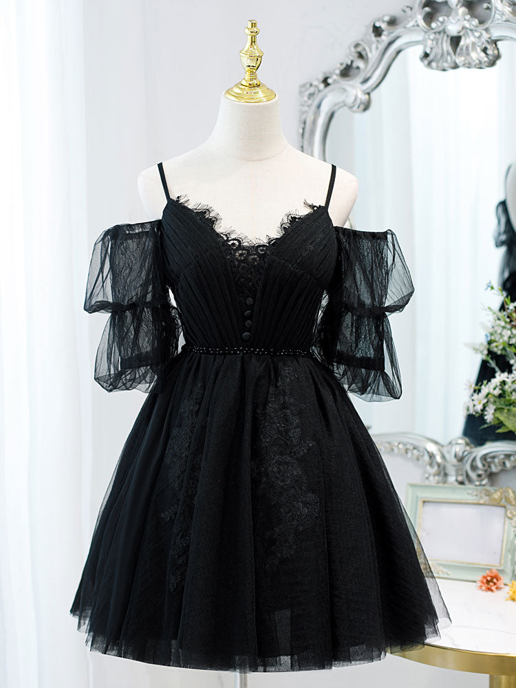 Black A-line Tulle Lace Short Prom Dress,formal Dress Homecoming Dresses Sa1994