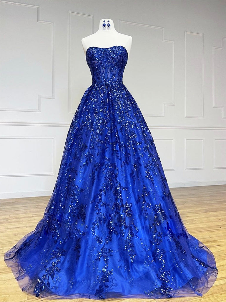 A-line Sweetheart Neck Tulle Sequin Blue Long Prom Dress Formal Dress Sa2015