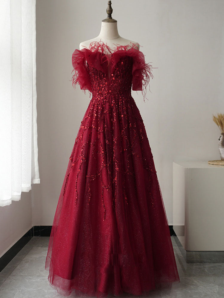 Burgundy Tulle Sequin Long Prom Dress Formal Evening Dress Sa2051