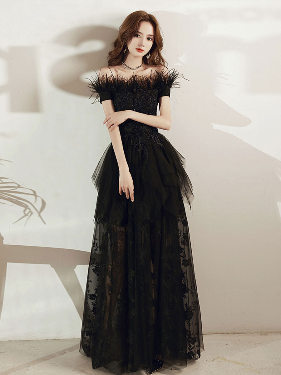 Black Tulle Lace Long Prom Dress Formal Dress Tulle Lace Evening Dress Sa2059